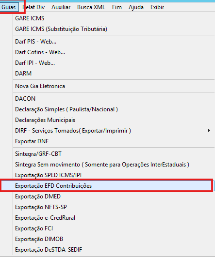 Tela de exportação da EFD-Contribuições no G5
