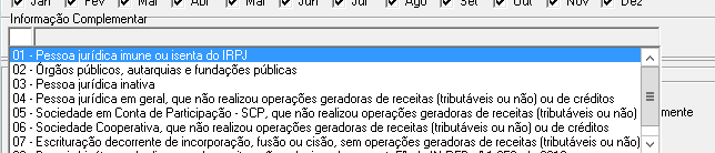 Lista de opções da informação complementar do Registro 0120