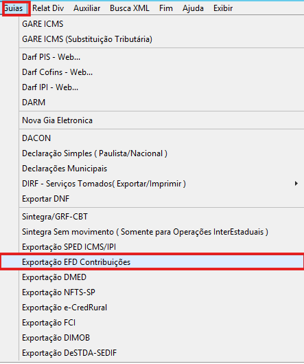 Caminho do menu para exportar a EFD-Contribuições