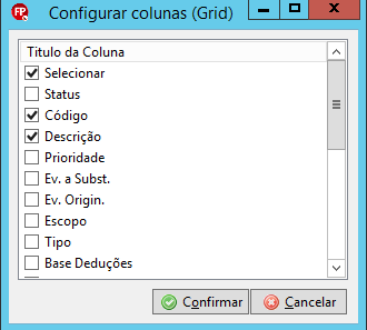 Tela de Eventos Contmatic com opção Configurar colunas destacada