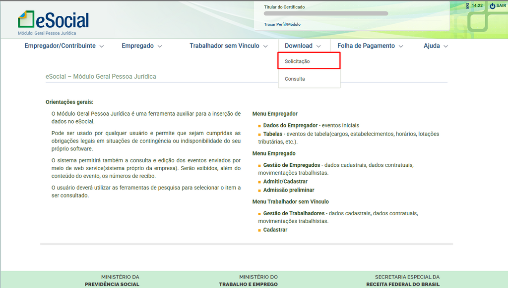Menu Download e opção Solicitação
