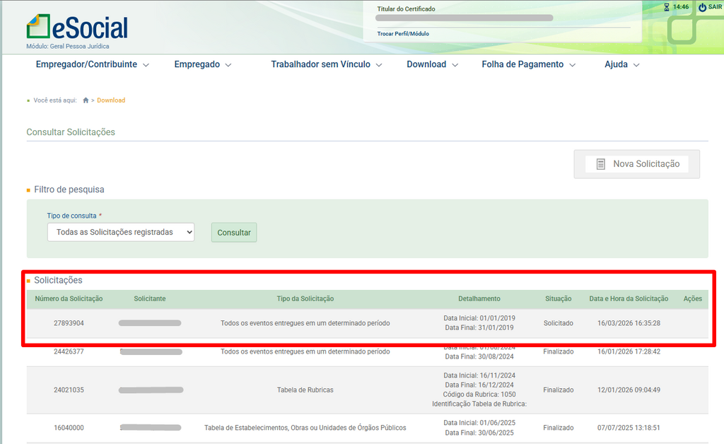 Lista de status das solicitações no eSocial