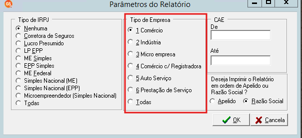 Seleção do campo Tipo de Empresa nos Parâmetros do Relatório