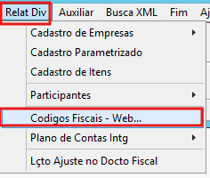 Menu Relat. Div. Códigos Fiscais - Web no G5