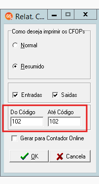 Filtro de CFOP específico na opção Resumido
