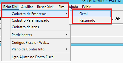 Tela de acesso ao menu Relat. Div. e opção Cadastro de Empresas no G5
