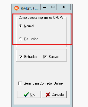 Tela de parâmetros do relatório Códigos Fiscais