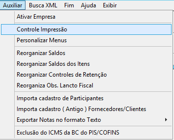 Menu Auxiliar Controle de Impressão