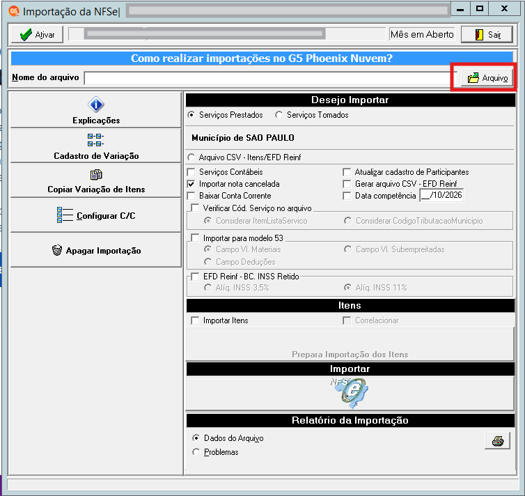 Tela de importação destacando o botão Arquivo
