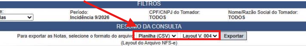 Tela de exportação de notas fiscais da Nota Fiscal Paulistana em formato CSV layout versão 004