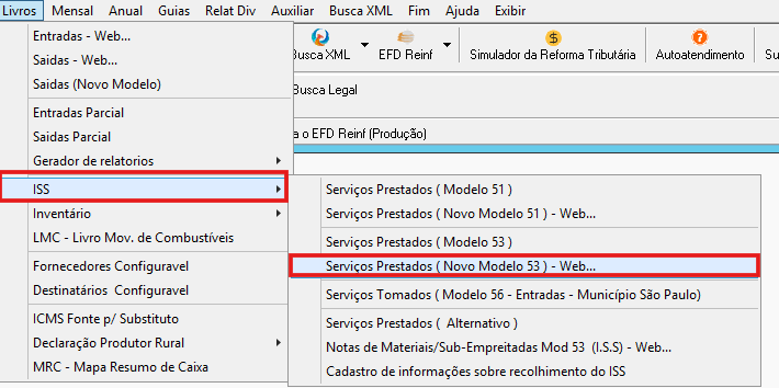Menu Serviços Prestados Modelo 53 Web