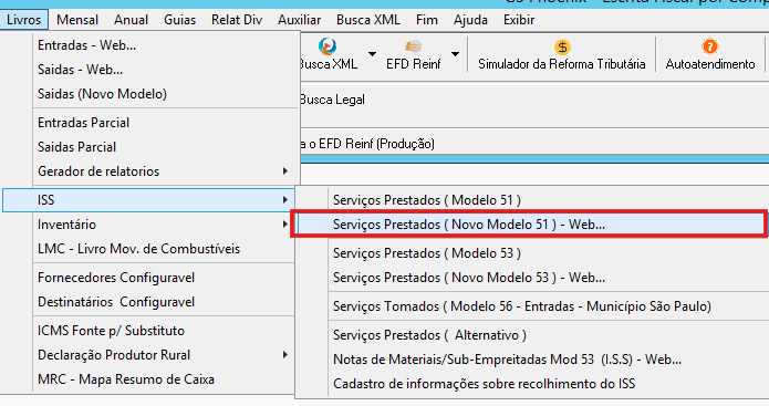 Menu Serviços Prestados Modelo 51 Web