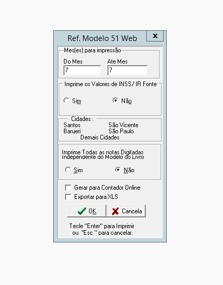 Tela de parâmetros do Modelo 51 Web