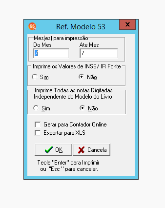 Tela de parâmetros do Modelo 53 Web