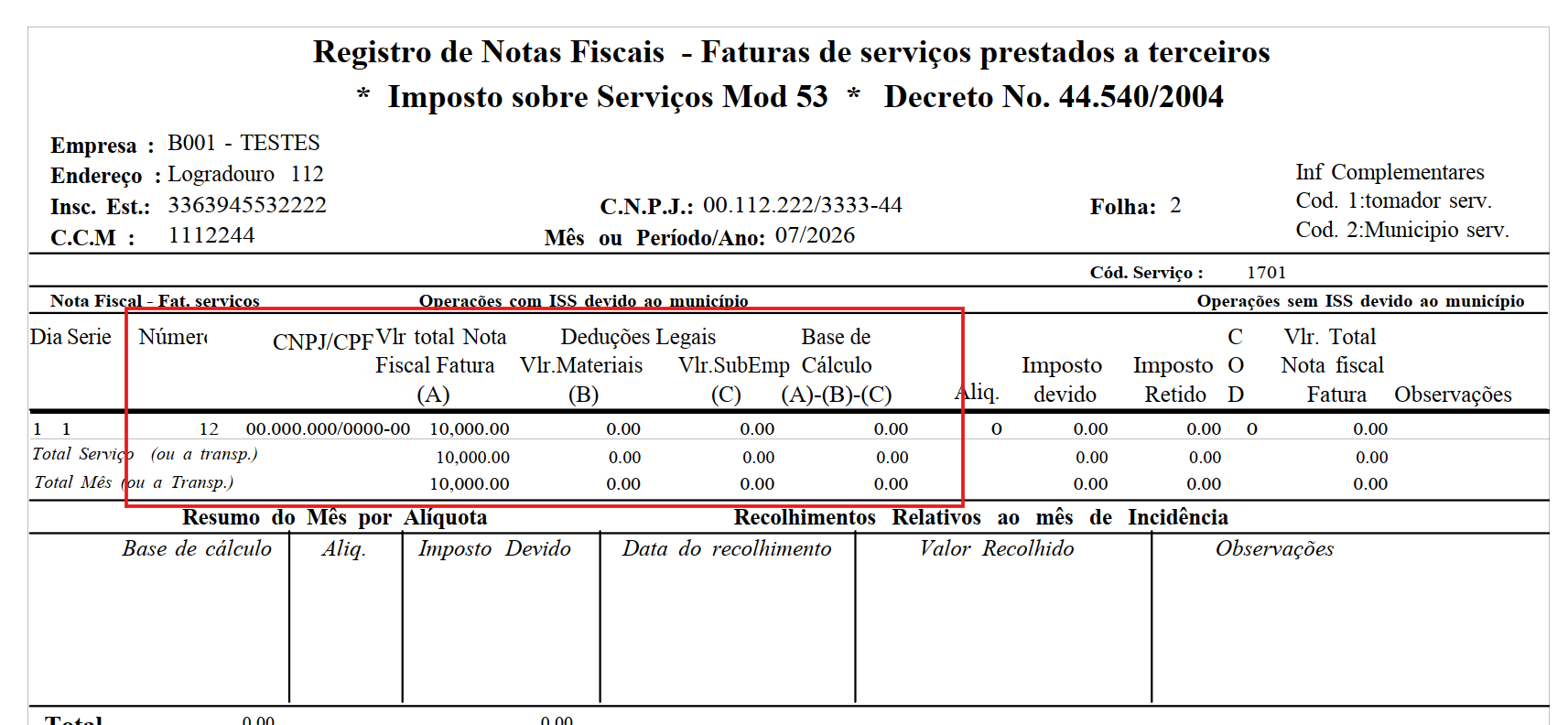 Operações com ISS devido ao município