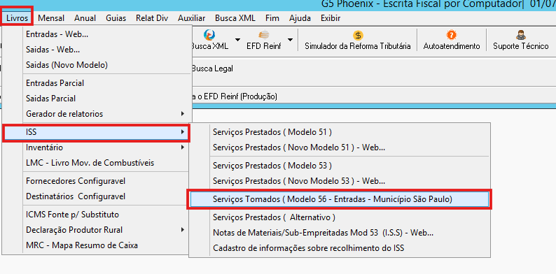 Menu de acesso aos Livros de ISS e Serviços Tomados