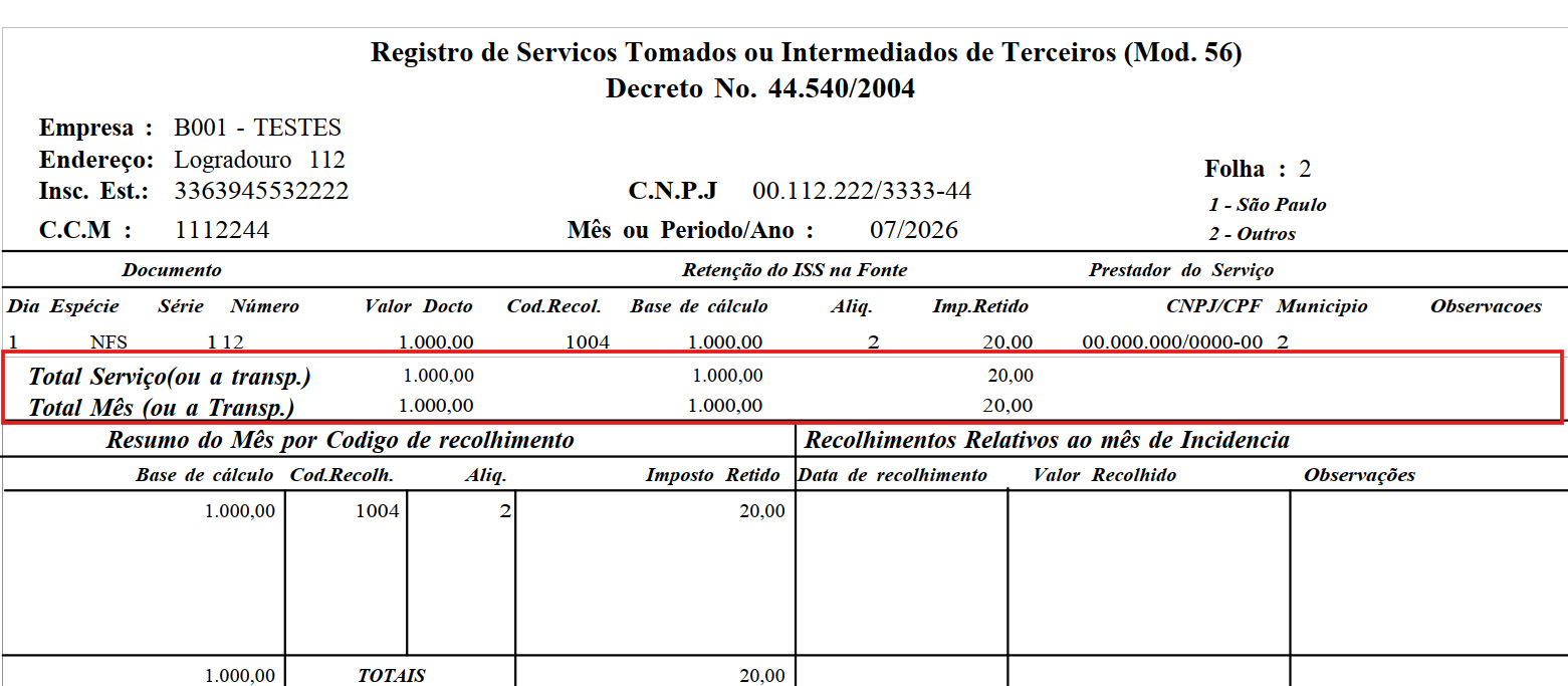 Totalizadores do relatório Modelo 56