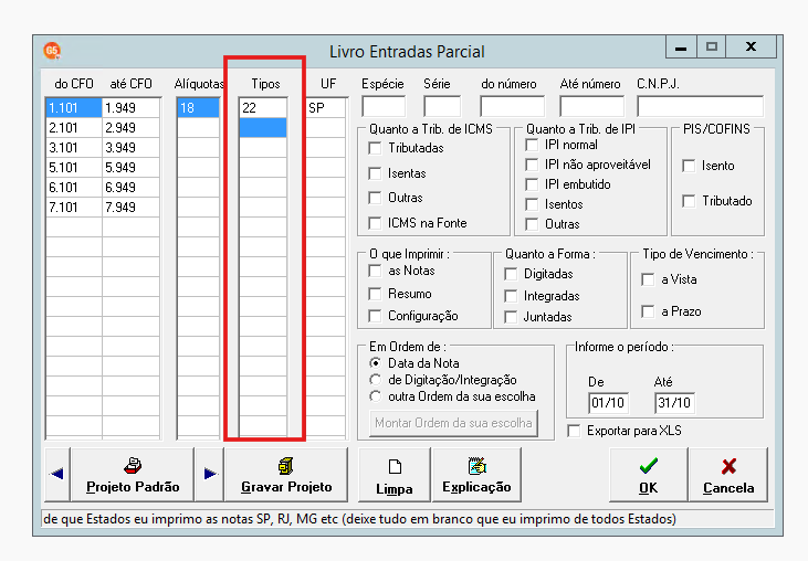 Filtro de tipos de escrituração fiscal
