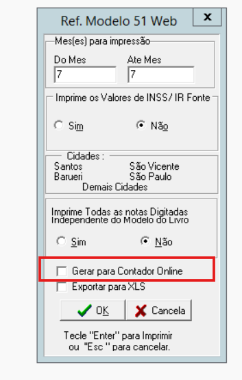 Opção Gerar para Contador Online