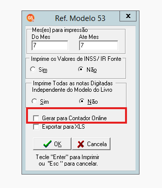 Opção Gerar para Contador Online