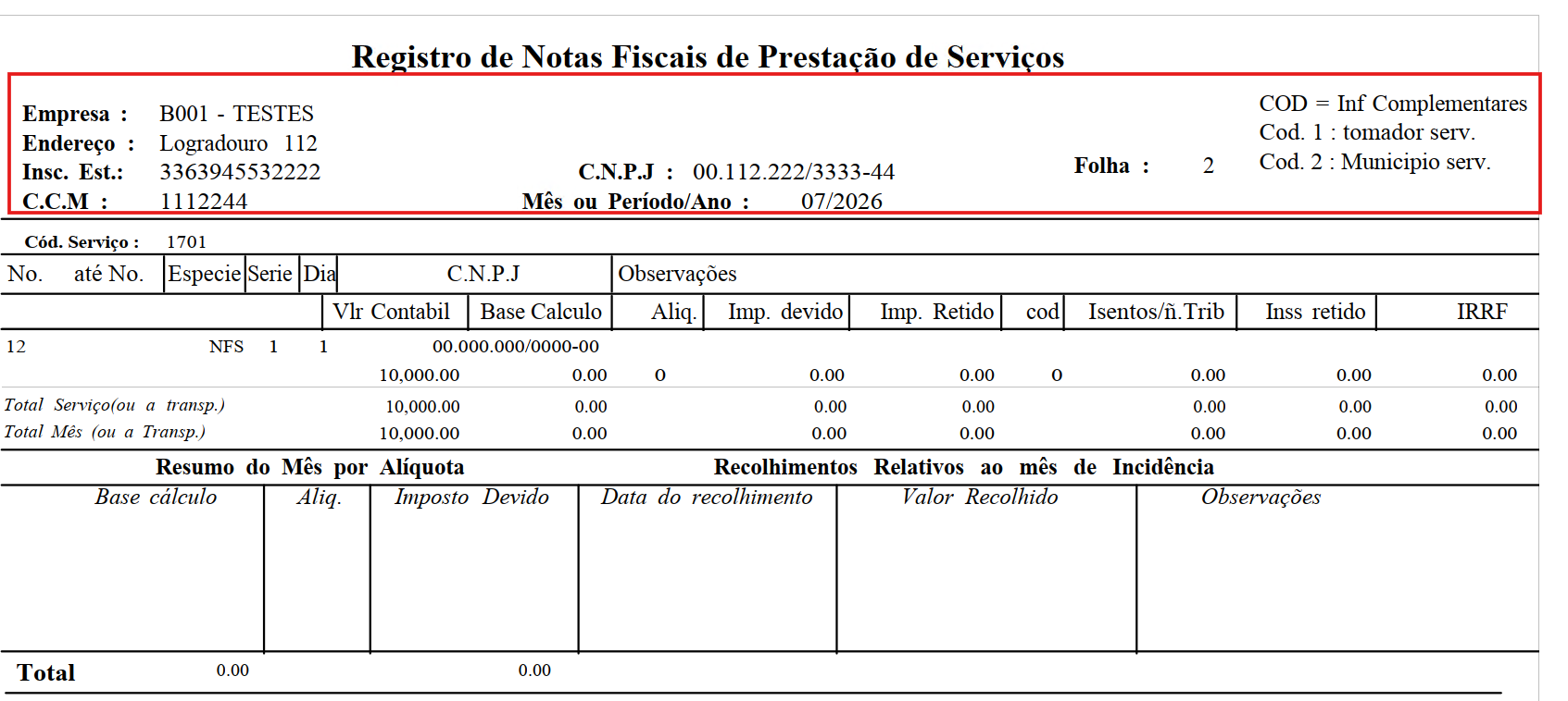 Cabeçalho do relatório Modelo 53