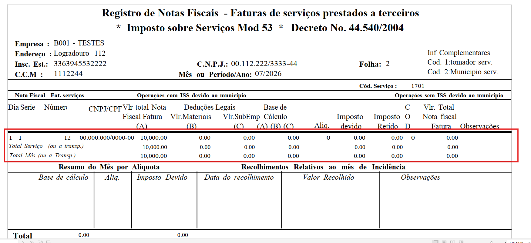 Totalizadores do relatório