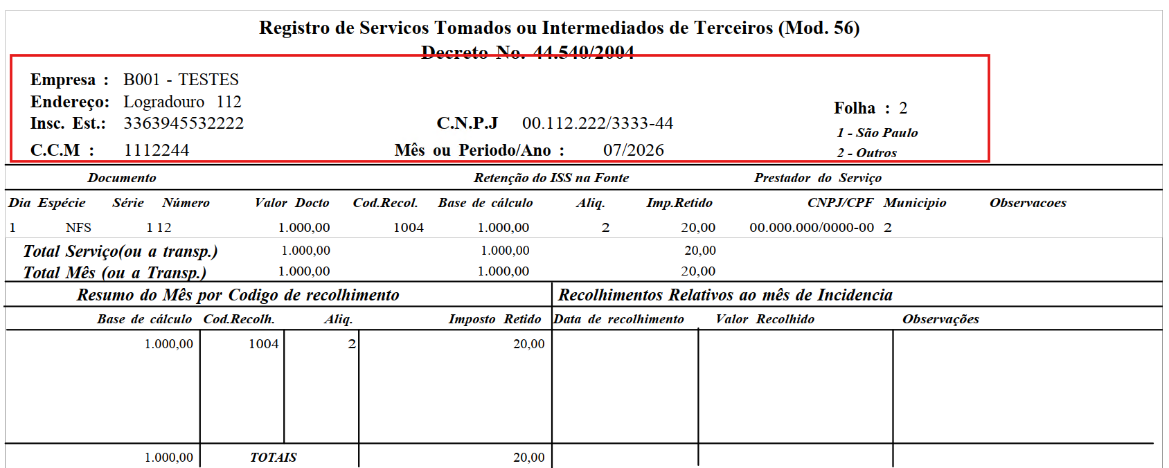 Cabeçalho do relatório com dados cadastrais da empresa