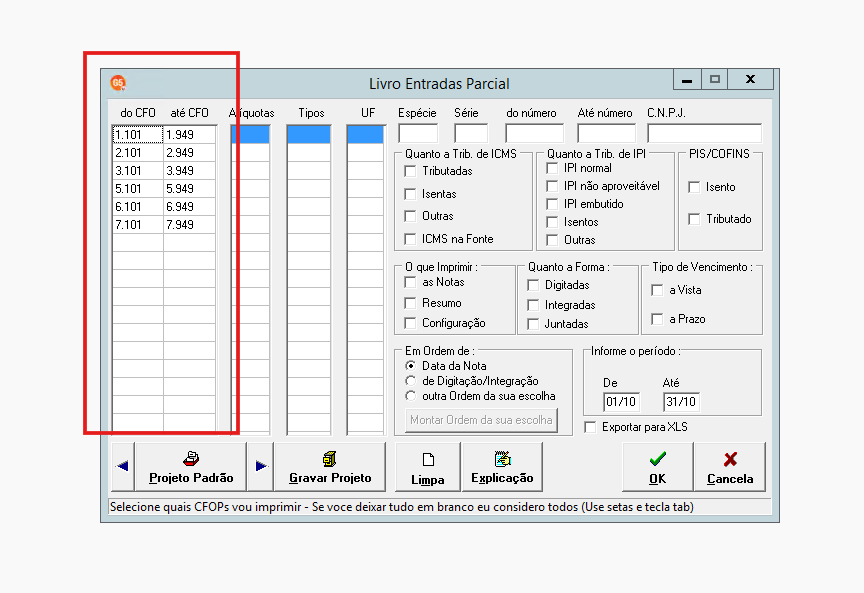 Filtro de intervalo de CFOP