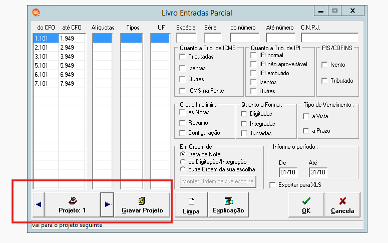 Gravação e utilização de projetos no Livro Parcial