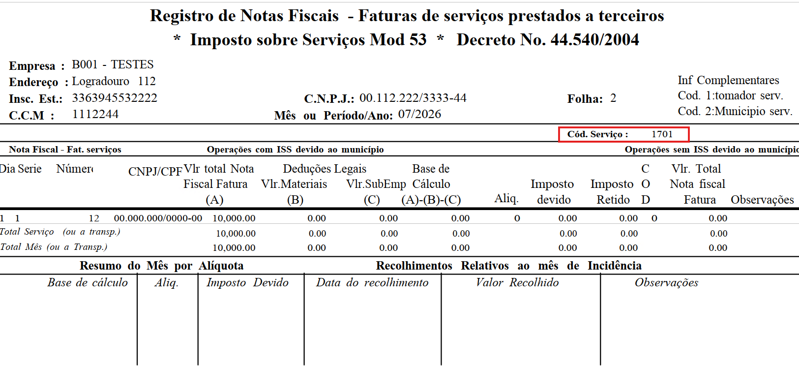 Informações complementares e código do serviço
