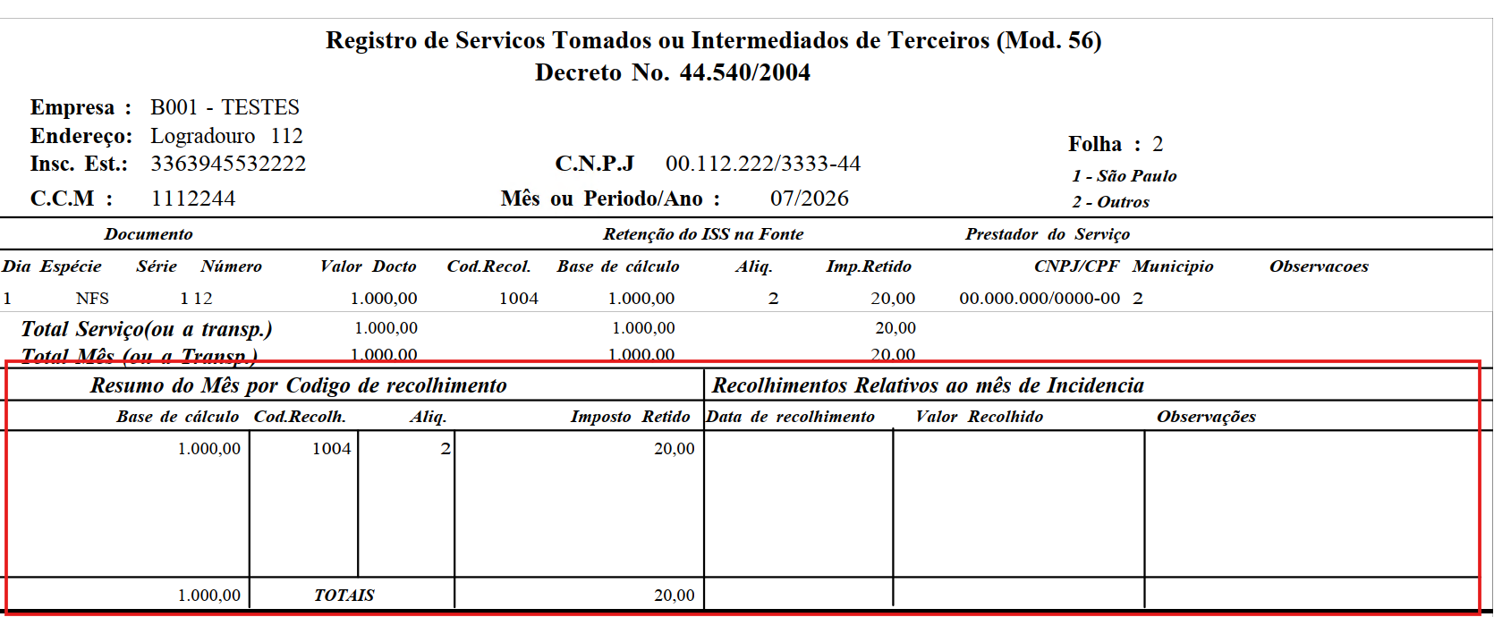 Resumo do mês agrupado por código de recolhimento