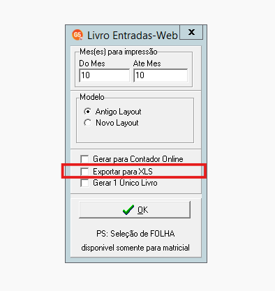 Opção Exportar para XLS