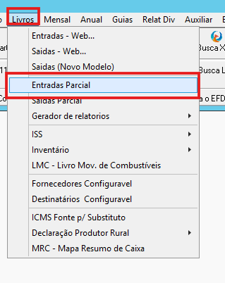Menu Livros Entradas Parcial no sistema G5