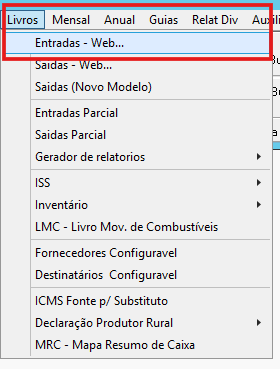 Menu Livros Entradas Web no sistema G5