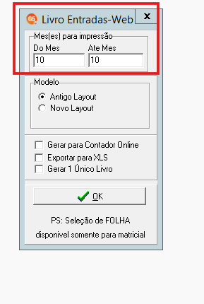 Seleção de meses para impressão no Livro de Entradas Web