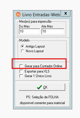Opção Gerar para Contador Online