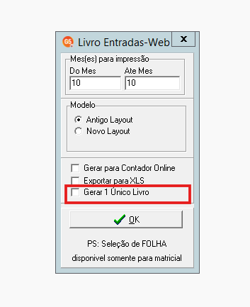 Confirmação de geração do Livro de Entradas Web