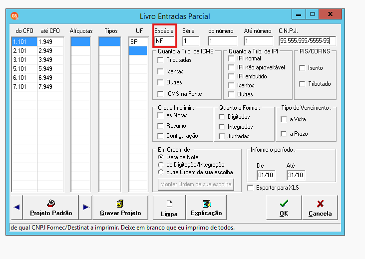 Filtro de espécie do documento fiscal