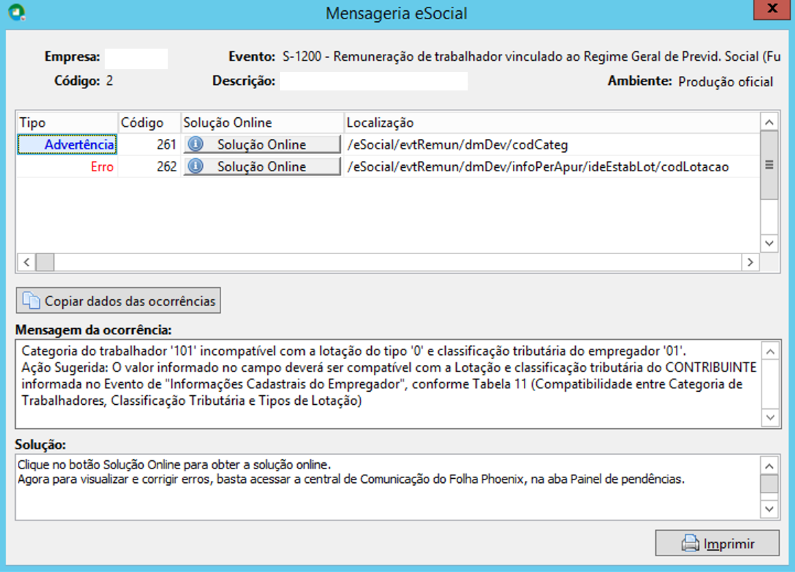 Tela do eSocial com o Erro 262 no evento S-1200 sobre incompatibilidade da categoria 101 do trabalhador com a lotação e classificação tributária.