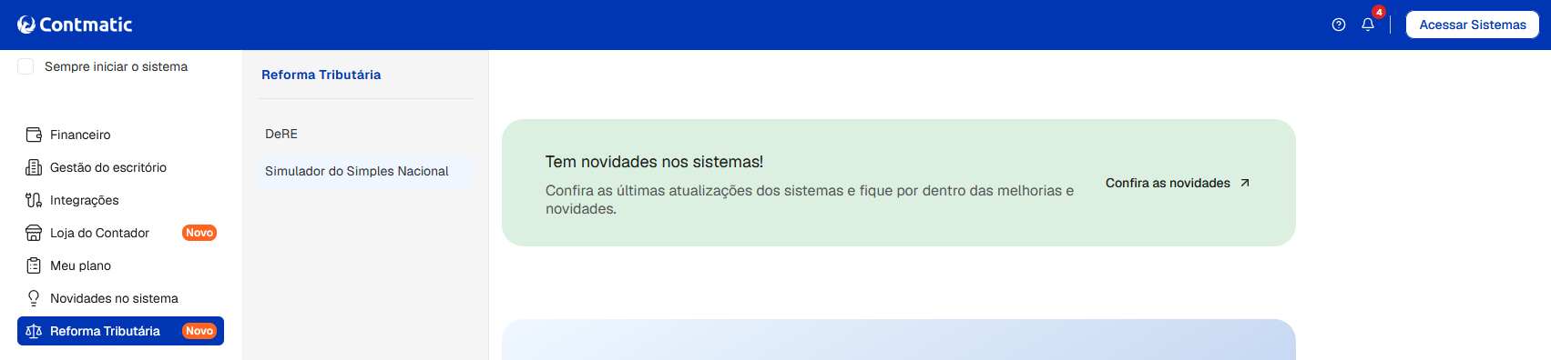 Painel do sistema Contmatic com menu lateral e destaque para o "Simulador do Simples Nacional" na seção Reforma Tributária.