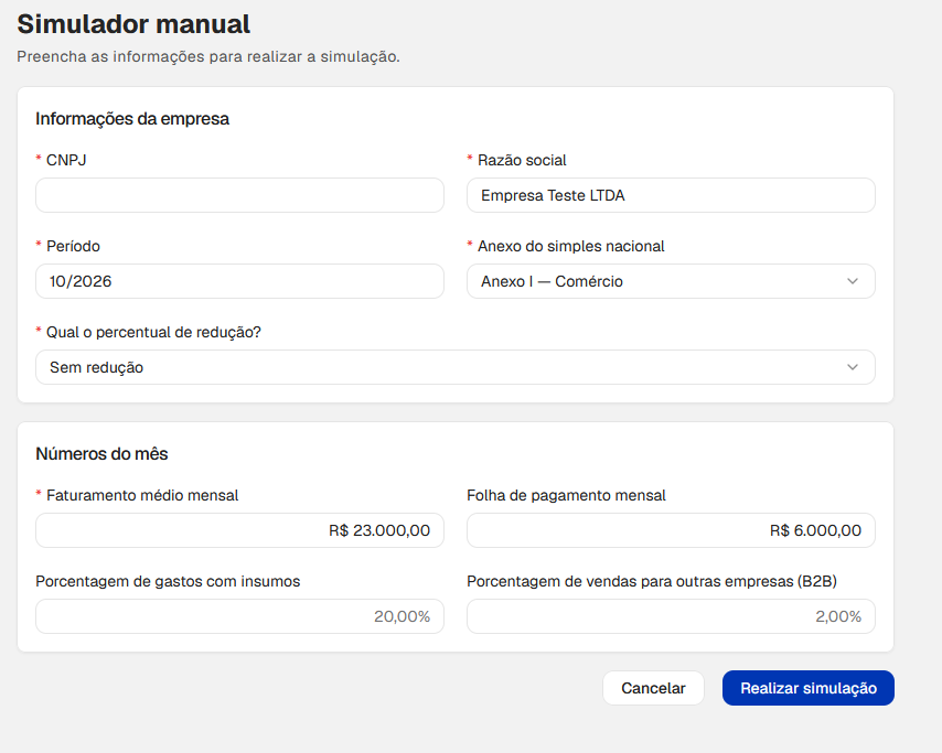 Formulário do Simulador Manual com campos para preencher dados da empresa, anexo, faturamento médio e botão "Realizar simulação".