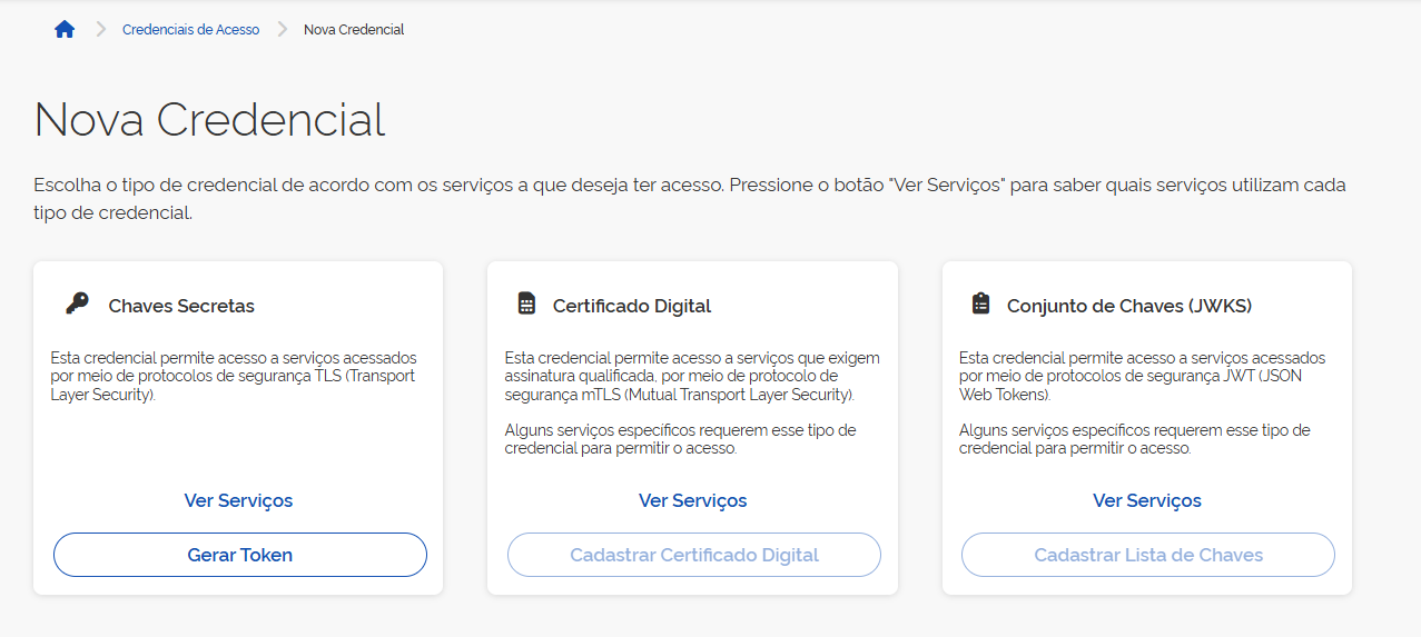 Tela de seleção de tipo de credencial com opções: Chaves Secretas, Certificado Digital e Conjunto de Chaves (JWKS).