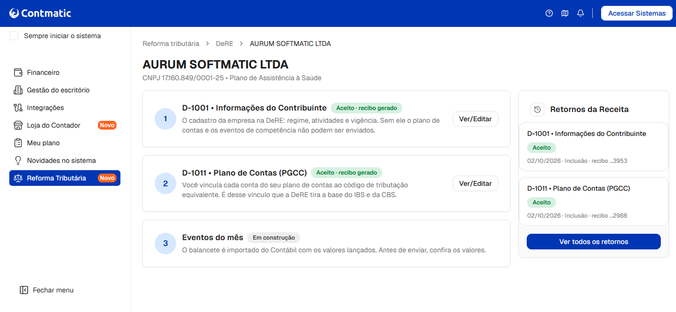 Painel da empresa no módulo DeRE listando etapas de cadastro (D-1001, D-1011 e Eventos) e históricos da Receita.