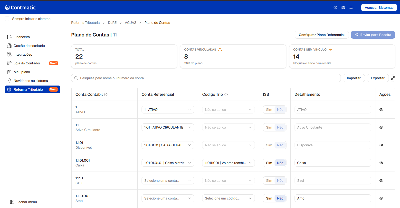 Tabela de mapeamento do Plano de Contas com a coluna do Código Tributário (CodTrib) para vinculação.