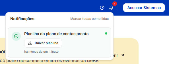 Caixa de notificação no topo do sistema com o aviso "Planilha do plano de contas pronta" e botão para baixar.