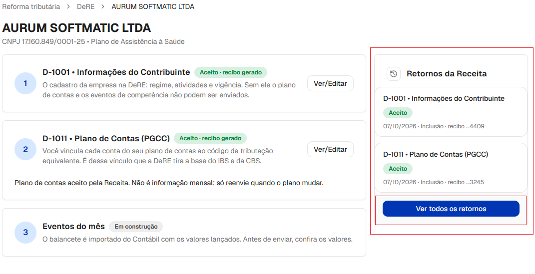Painel do DeRE destacando em vermelho a seção "Retornos da Receita" com recibos aceitos e o botão "Ver todos os retornos".