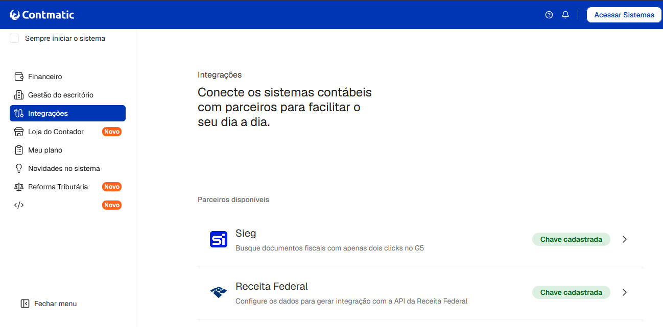 Menu do sistema Contmatic na aba Integrações, listando parceiros como Sieg e Receita Federal com chave cadastrada.