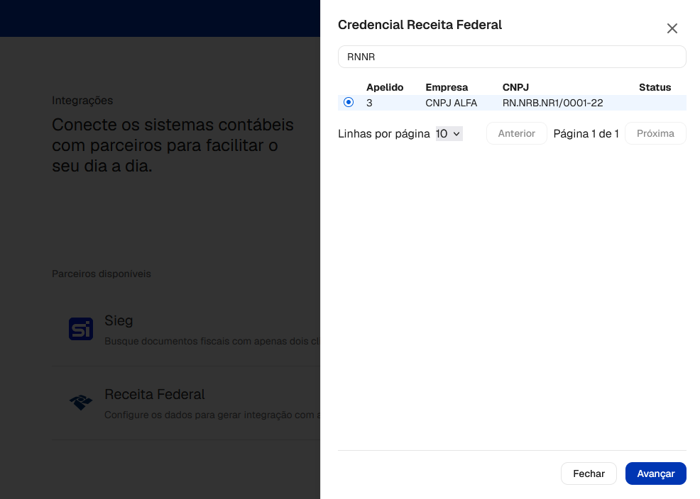 Janela sobreposta para seleção de empresa e CNPJ na Credencial da Receita Federal.