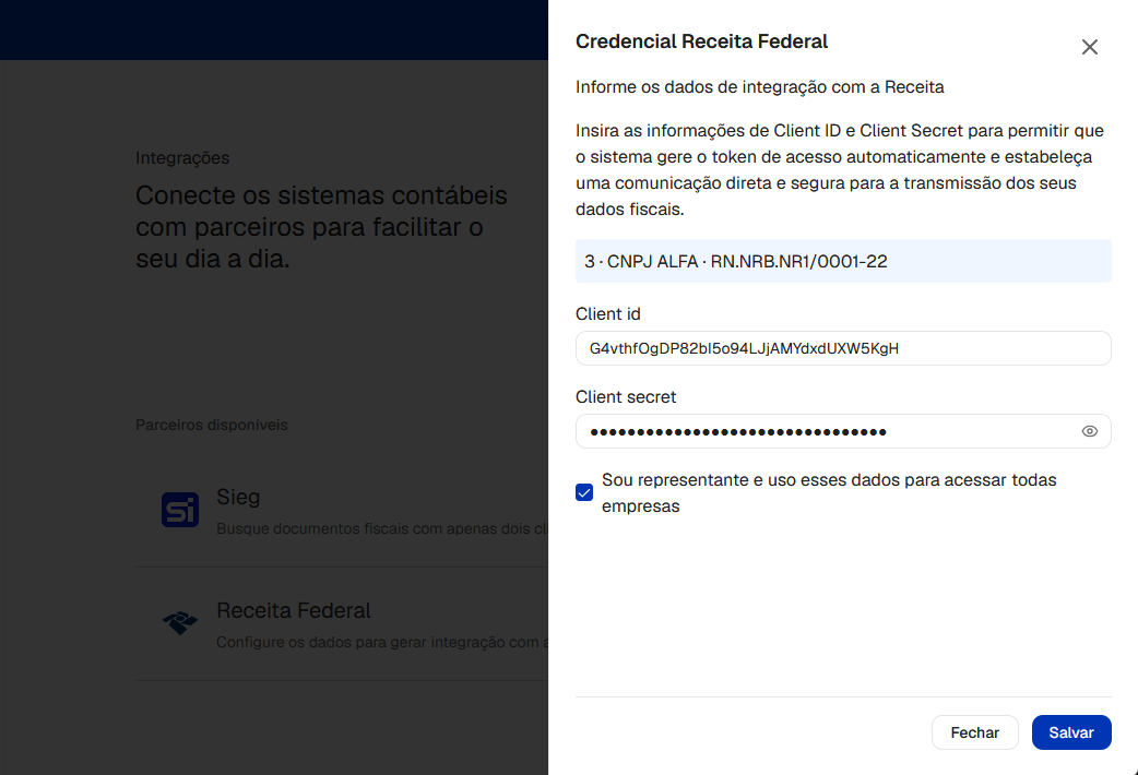 Formulário para inserção das chaves Client ID e Client Secret na integração da Credencial Receita Federal.