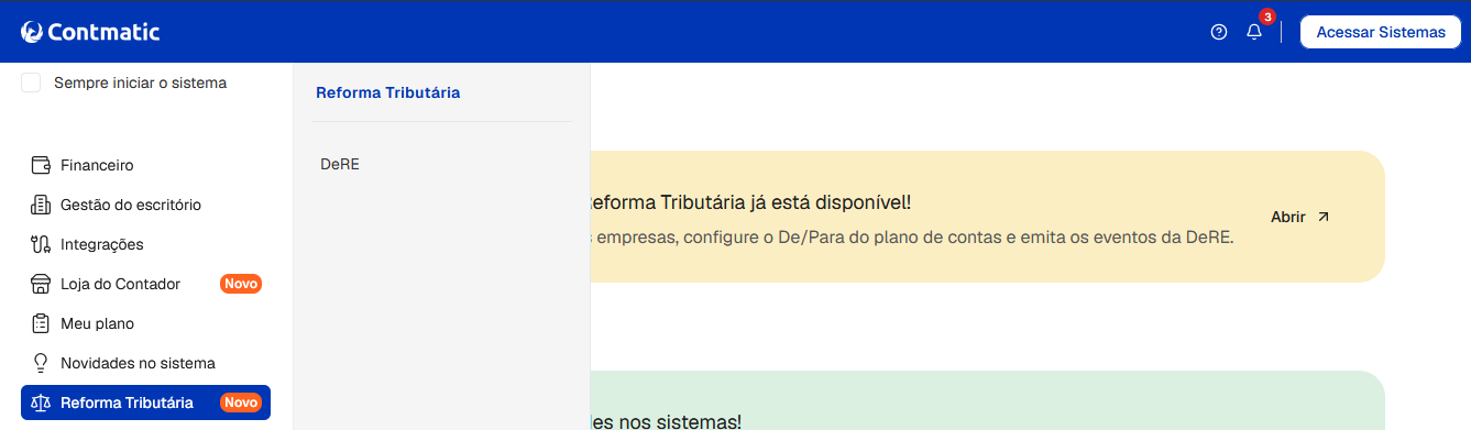 Menu lateral da Contmatic destacando a opção "Reforma Tributária" e o submódulo "DeRE".